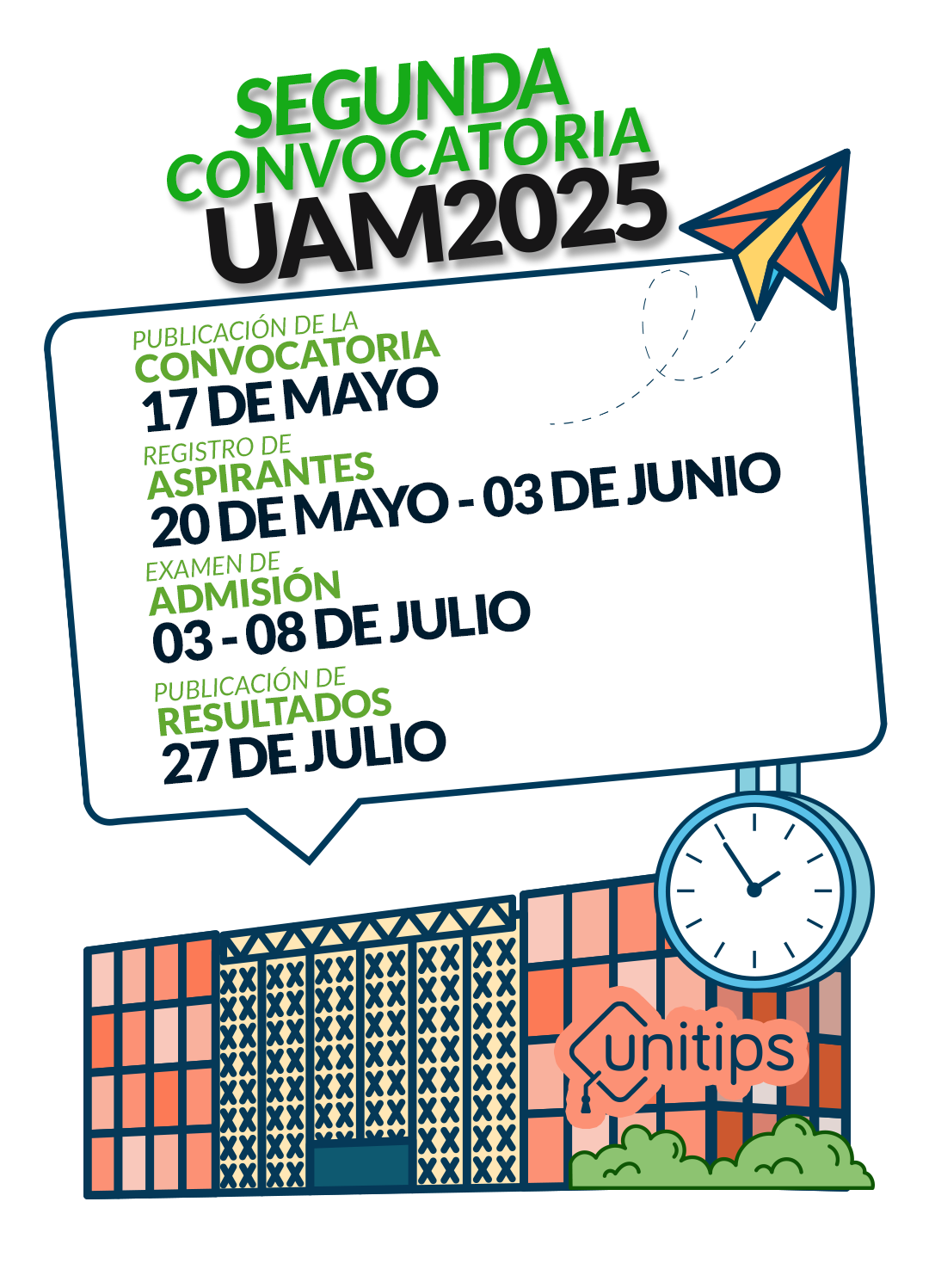 Registro de aspirantes: del 20 de mayo al 03 de junio Aplicación del examen: del 3 al 8 de julio Publicación de resultados: 27 de julio