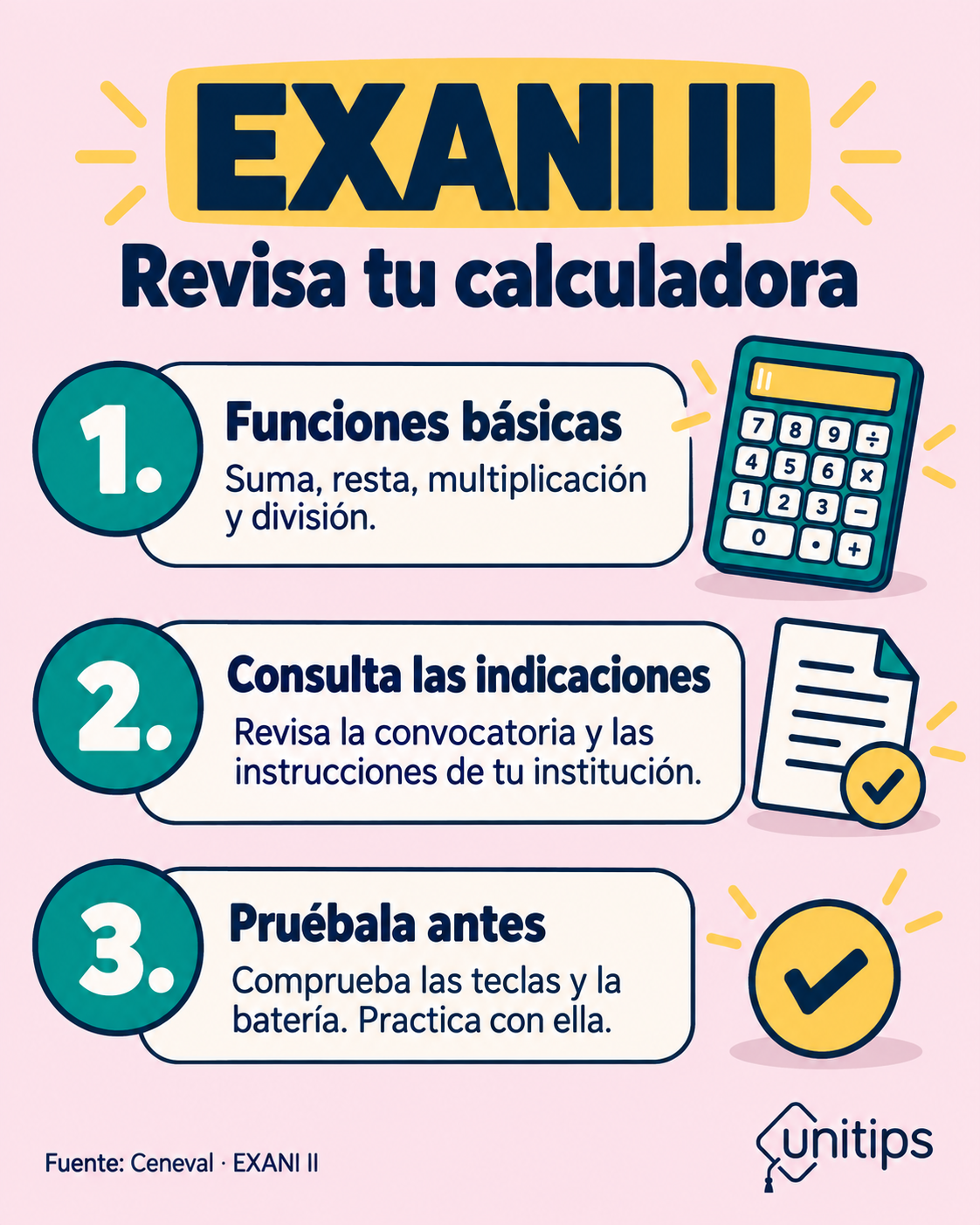 Checklist para revisar la calculadora antes del EXANI II: funciones básicas, instrucciones de la institución y funcionamiento