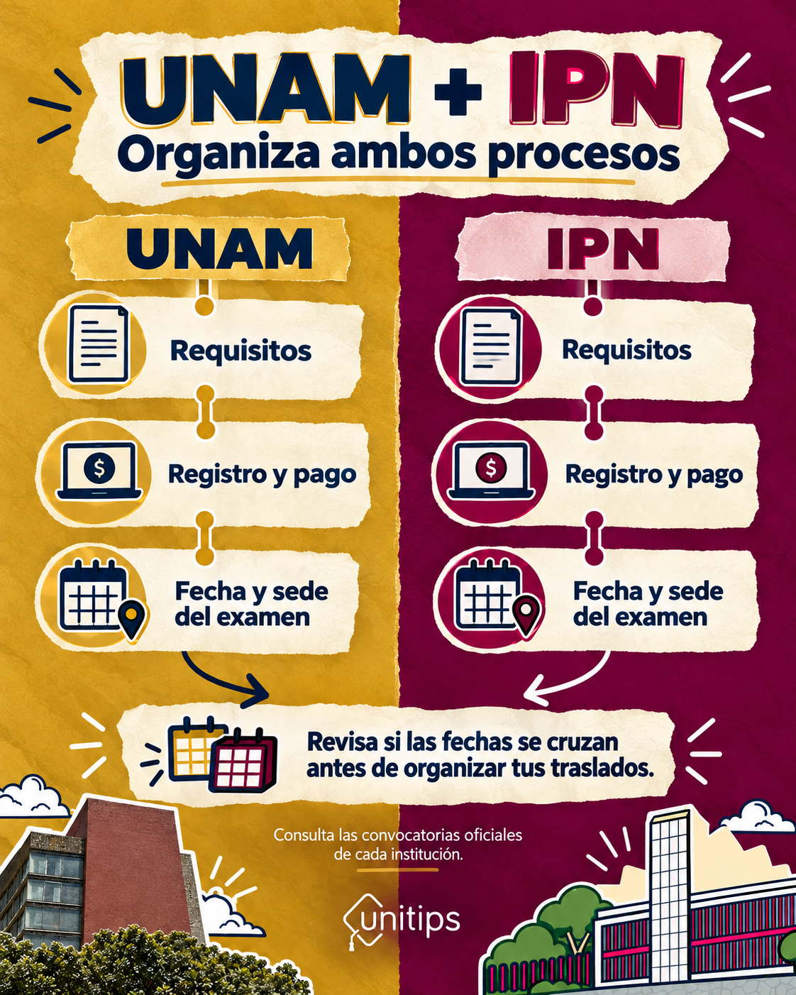 Guía para organizar por separado requisitos, registro, pago y fecha del examen de UNAM e IPN
