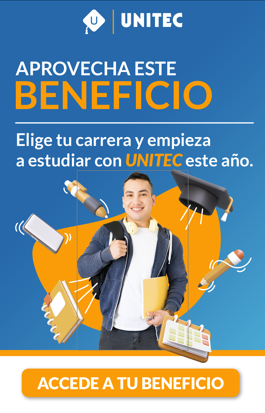 Estudiante con toga y birrete sosteniendo un libro rojo, promocionando beneficios para estudiar en UVM este año.